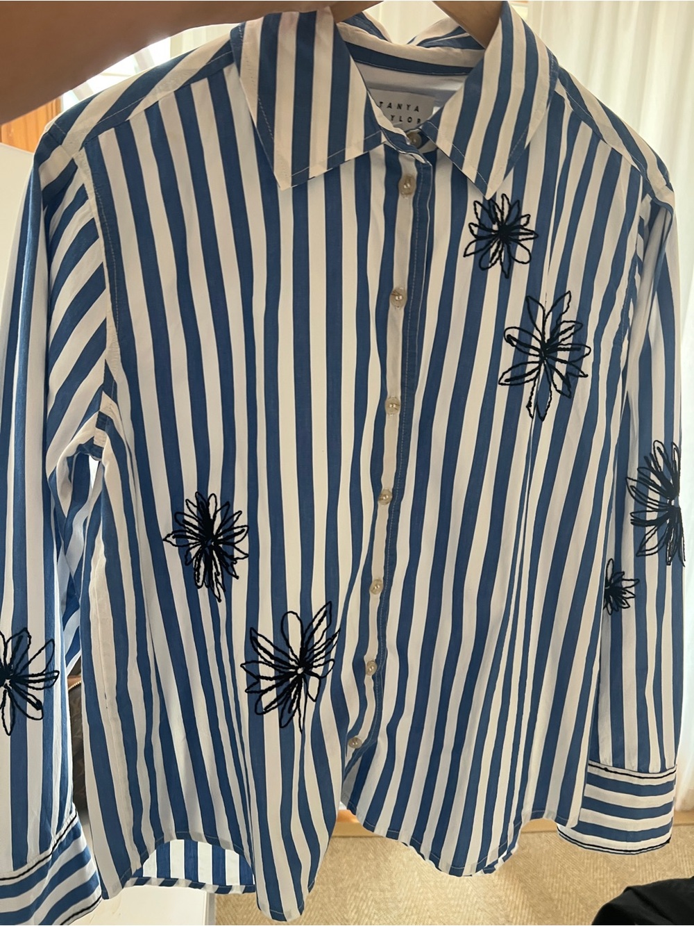 Tanya Taylor Blue and White Striped Button-Down with Black Floral Stitching